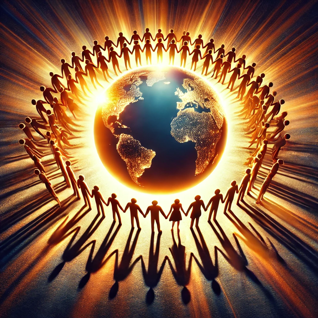 Golden illustration of people holding hands in a circle around the Earth, symbolizing global unity, shared intention, and worldwide connection.
