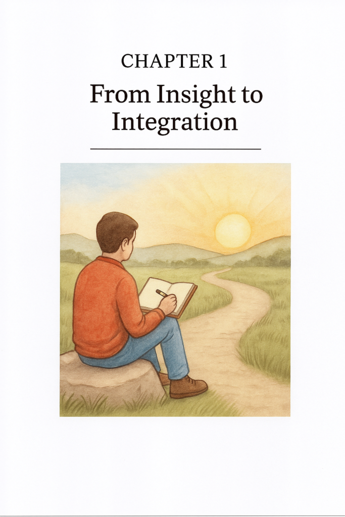 Color illustration of a man sitting on a stone, journaling at sunrise along a winding path, representing reflection and insight on the path of awakening.