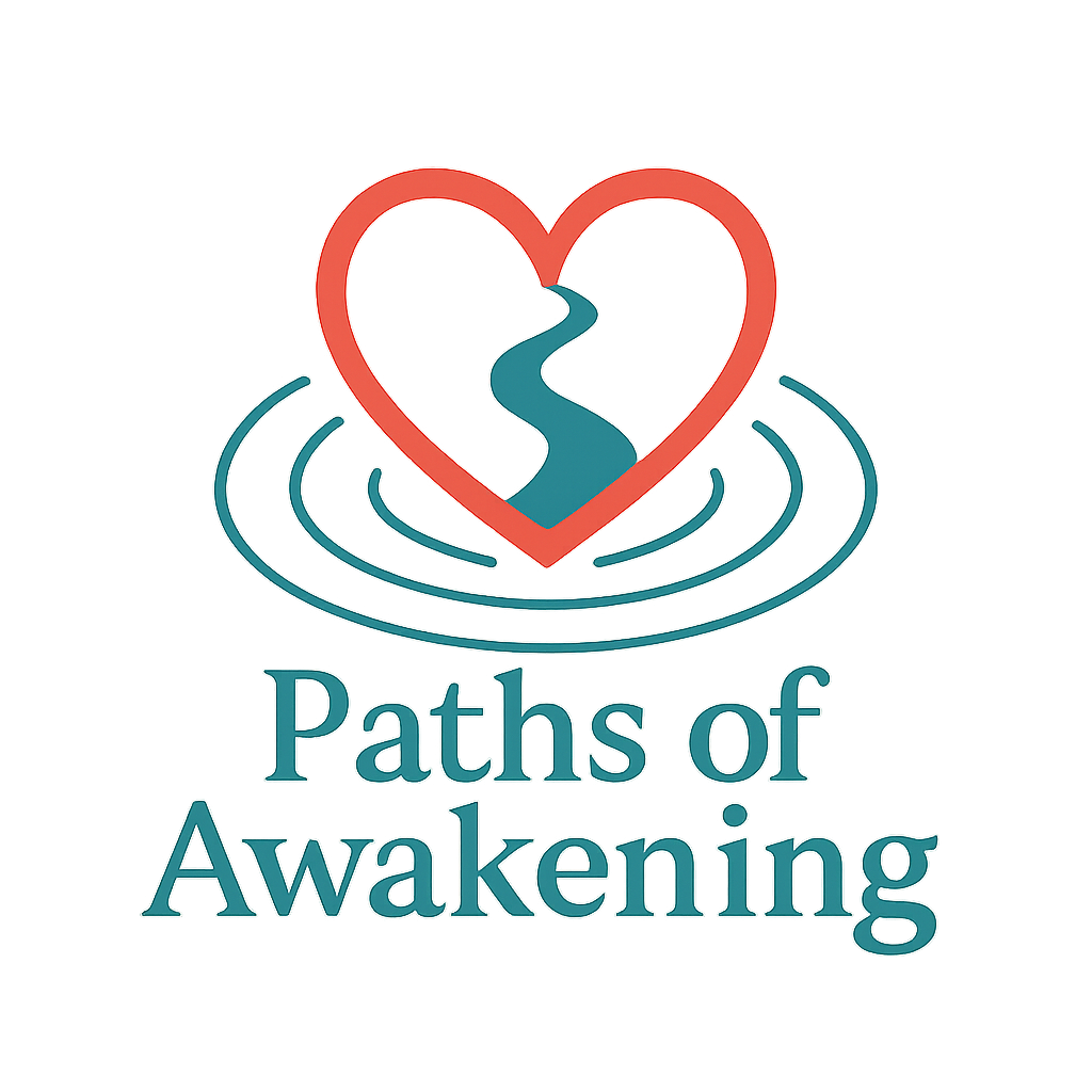 Paths of Awakening logo featuring a glowing heart, flowing river path, and teal ripple lines.